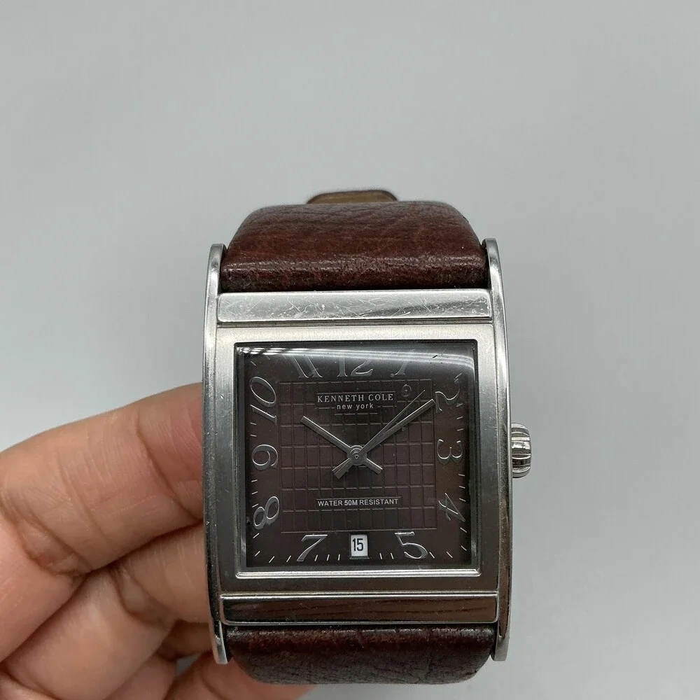 Kenneth Cole KC1238 Mens Watch 32mm Silver Tone Brown Leather Date New Battery